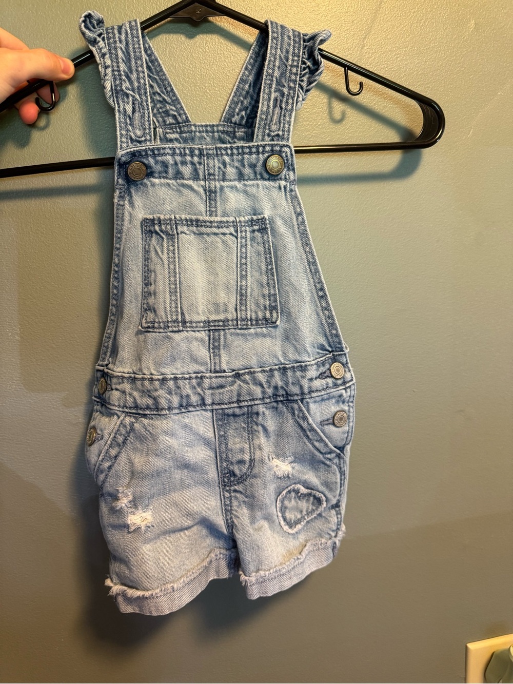 GAP Light Blue Denim Short Overalls with Heart Patch